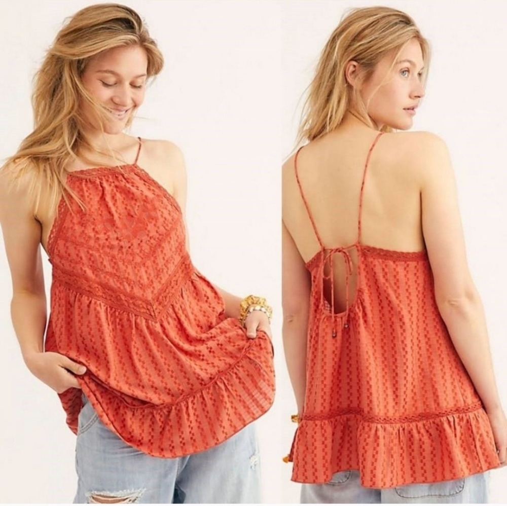 Free People Embroidered Elisa Orange Tunic Top Size S